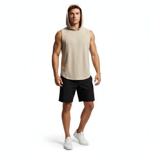 Men's Sleeveless Hooded Vest Light Beige Tan Active Performance Size XL
